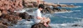 Panoramic view of relaxed young Asian man with computer laptop sitting on the rock of seashore in summer time. Summer vacations Royalty Free Stock Photo