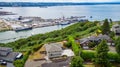 Panoramic view of residential area and port in Tacoma city