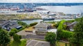 Panoramic view of residential area and port in Tacoma city