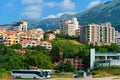 panoramic view of the resort town on the seashore and mountains, Becici and Budva in Montenegro, the Adriatic Sea, beaches and