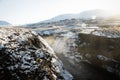 Panoramic view of Reykjafoss Fosslaug waterfall cascade Varmahlid Svarta river in Nordurland Iceland Europe winter