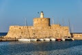 Panoramic view of Rhodes old town on Rhodes island, Greece. Saint Nicholas Fortress cityscape with sea port at. Travel Royalty Free Stock Photo