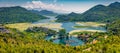 Panoramic view of  Rijeka Crnojevica river, Skadar lake location. Royalty Free Stock Photo