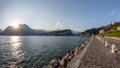 Panoramic view of the Riva del Garda lakefront, waterfront of the Garda lake in Trento, Trentino region, Italy