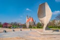 Panoramic view of river Elbe bank, Johannis church, parks and Monument of Peoples Friendship in Magdeburg, Germany