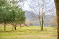 Panoramic view of river with emerald water and boats in the early spring Royalty Free Stock Photo