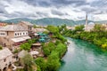Panoramic view of the river and old city of Mostar, Bosnia and Herzegovina, with stone houses