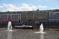 Panoramic view of the river. A pleasure ship is sailing along the river.