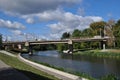 Panoramic view of the river and the road bridge. Bank of the river.