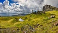 Panoramic view of the rock formation The Old Man of Storr (Isle of Skye, Scotland) Royalty Free Stock Photo