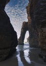 Panoramic view of a rock formation in the shape of arches on the beach of Las Catedrales.