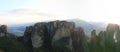 Panoramic view of the rocks and monasteries of Meteora, Greece Royalty Free Stock Photo