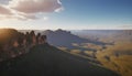 Panoramic view of the rocky mountains at sunset. Blue Mountains Australia. Generative AI