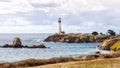 Panoramic view of the rocky shoreline close to the Pigeon Point Lighthouse on the Pacific Ocean coastline on a sunny day; Royalty Free Stock Photo