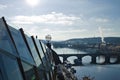 Panoramic view from the rooftop of the Dancing House with a bridge over the Vltava river in the background Prague, Czech Republi Royalty Free Stock Photo