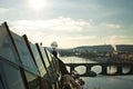 Panoramic view from the rooftop of the Dancing House with a bridge over the Vltava river in the background Prague, Czech Republi Royalty Free Stock Photo