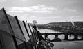 Panoramic view from the rooftop of the Dancing House with a bridge over the Vltava river in the background Prague, Czech Republi Royalty Free Stock Photo