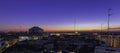 Panoramic view of the rooftops of Madrid\'s old town at sunset with the Royal Theater and the Royal Palace