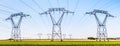 Panoramic view of a row of electricity pylons in the countryside under a clear blue sky Royalty Free Stock Photo