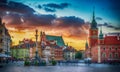 Panoramic view on Royal Castle, ancient townhouses and Sigismund`s Column in Old town in Warsaw, Poland. Royalty Free Stock Photo