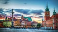 Panoramic view on Royal Castle, ancient townhouses and Sigismund`s Column in Old town in Warsaw, Poland.