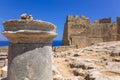 Panoramic view of ruins of ancient city of Lindos on colorful island of Rhodes, Greece. Famous tourist attraction Royalty Free Stock Photo