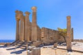 Panoramic view of ruins of ancient city of Lindos on colorful island of Rhodes, Greece. Famous tourist attraction Royalty Free Stock Photo