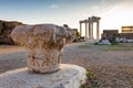 Panoramic view of ruins of ancient Temple of Apollo in Side on sunset, Alanya province, Turkey. Ruined old city. Unesco