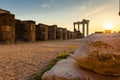 Panoramic view of ruins of ancient Temple of Apollo in Side on sunset, Alanya province, Turkey. Ruined old city. Unesco