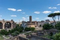 Panoramic view of the ruins of the forum of the time of the Roman Empire, with tourists visiting it