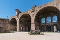 Panoramic view of the ruins of the forum of the time of the Roman Empire, with tourists visiting it