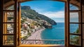 Rustic windows open to a view of the beautiful scenic Amalfi Coast and the Mediterranean Sea