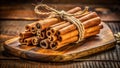 Panoramic View of Rustic Wooden Cutting Board Adorned with Tied Cinnamon Sticks A Festive and Functional Kitchen Royalty Free Stock Photo