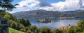 Panoramic view from the Sacro Monte of Lake Orta and the island of San Giulio. Historic Town of Piedmont whose origins date back Royalty Free Stock Photo