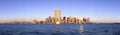 Panoramic view of sailboat on the Hudson River, lower Manhattan and New York City skyline, NY with World Trade Towers at sunset