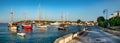 Panoramic view of sailboats at the old port of Spetses,. Greece. Royalty Free Stock Photo