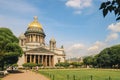 Panoramic view on Saint Isaac& x27;s Cathedral. Isaakievskiy Sobor with green lawn in summer, St. Petersburg, Russia.
