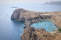 Panoramic view of Saint Pauls Bay in shape of heart from Acropolis of ancient city of Lindos, Rhodes, Greece Royalty Free Stock Photo