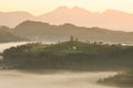 Panoramic view of Saint Tomas church with fog at sunrise Royalty Free Stock Photo