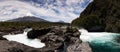 Panoramic view of Saltos del Petrohue waterfalls and Osorno Volcano in Vicente Perez Rosales National Park, Chile Royalty Free Stock Photo