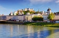 Panoramic view of Salzburg skyline with Festung Hohensalzburg and river Salzach, Salzburger Land, Austria