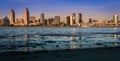 Panoramic view of San Diego Bay at golden hour in California, USA