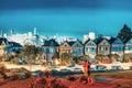 Panoramic view of the San Francisco Painted ladies Victorian Houses