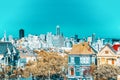 Panoramic view of the San Francisco Painted ladies Victorian Houses