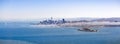 Panoramic view of San Francisco`s skyline and Alcatraz Island on a sunny day, California Royalty Free Stock Photo