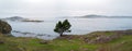 Panoramic view of San Juan Island from the shore of Shark Reef Sanctuary, Lopez Island, Washington, USA