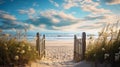 Panoramic view of sand dunes and wooden fence on the beach. AI Generative Royalty Free Stock Photo