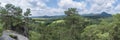 Panoramic view from sandstone rock viewpoint Havrani skaly, spring landscape in Lusatian Mountains with hill Klic, Kleis Royalty Free Stock Photo