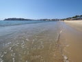 Panoramic view of sandy beach at bay of ACAPULCO city in Mexico with tourists and beauty waves of Pacific Ocean Royalty Free Stock Photo