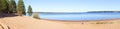 Panoramic view of a sandy beach, pine trees, pond or lake. Sand dunes on the beach. Beautiful summer landscape. widescreen. Royalty Free Stock Photo